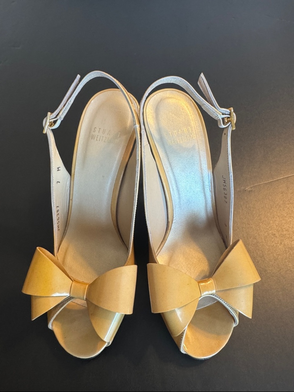 Stuart Weitzman Tan Bow Slingback Peep-Toe Heels